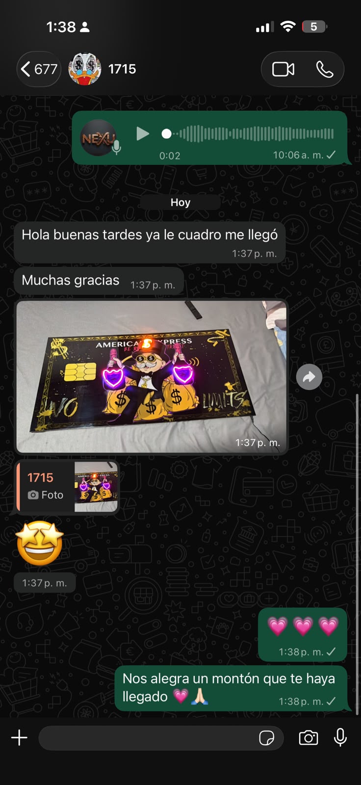 Conversación de WhatsApp de un cliente recibiendo su cuadro