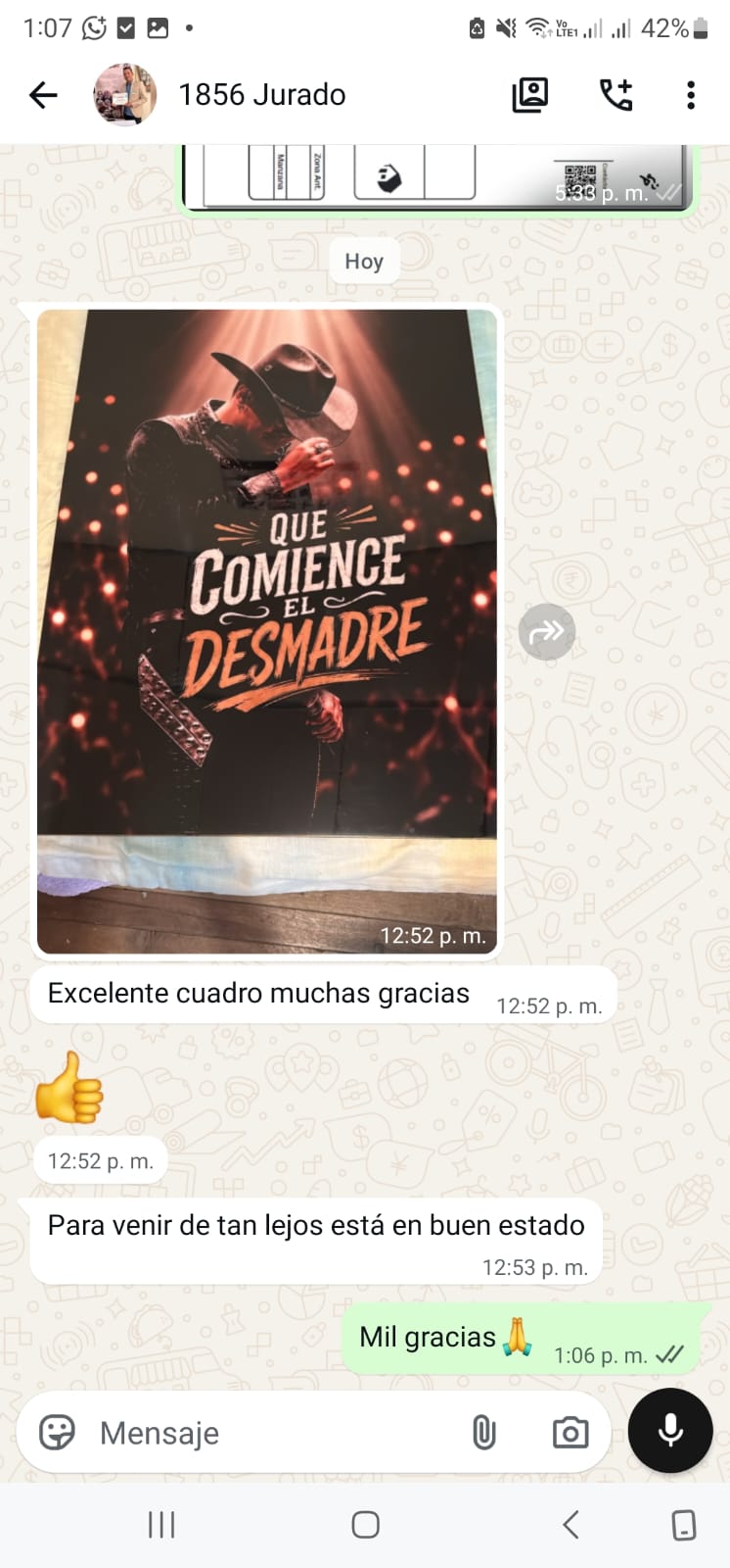 Conversación de WhatsApp de un cliente recibiendo su cuadro