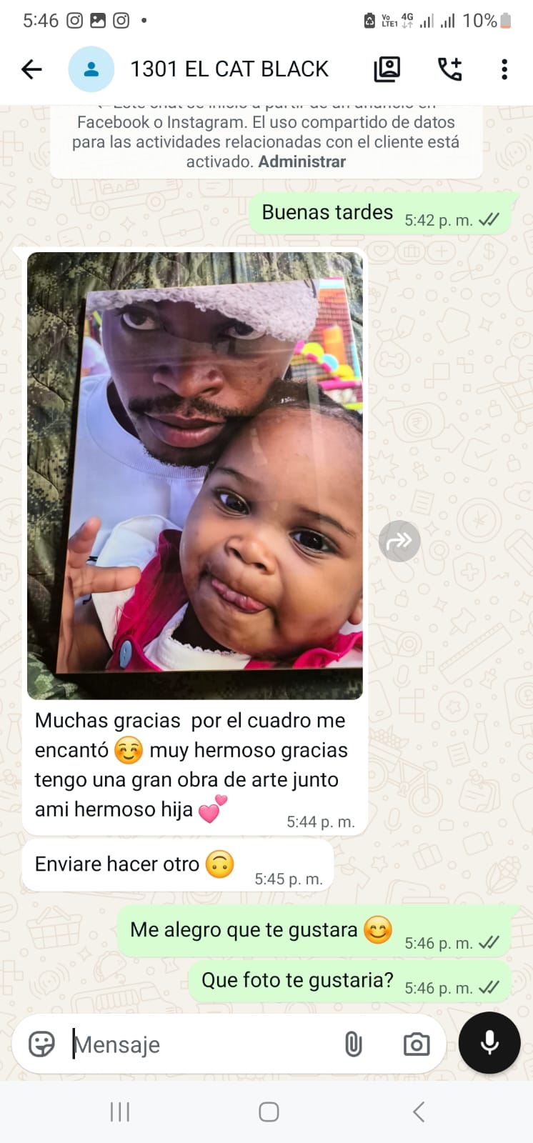 Conversación de WhatsApp de un cliente recibiendo su cuadro